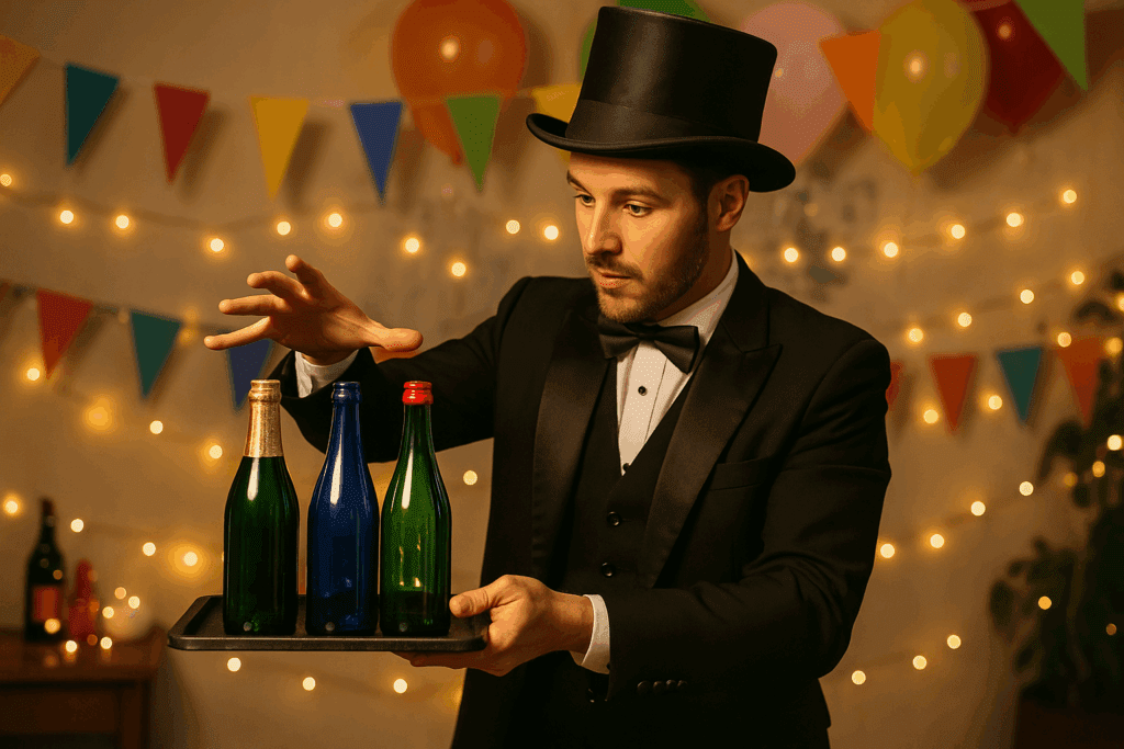 Magician serving floating bottles at a party
