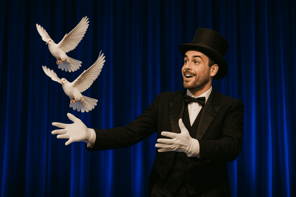 Magician releasing doves on a blue stage
