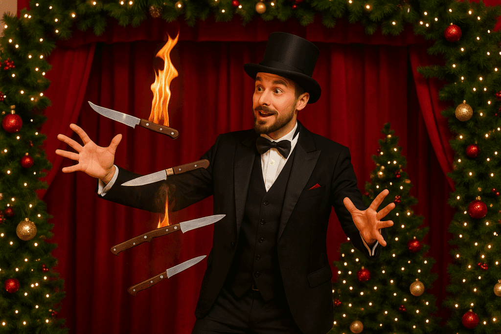 Magician juggling flaming knives at a Christmas show