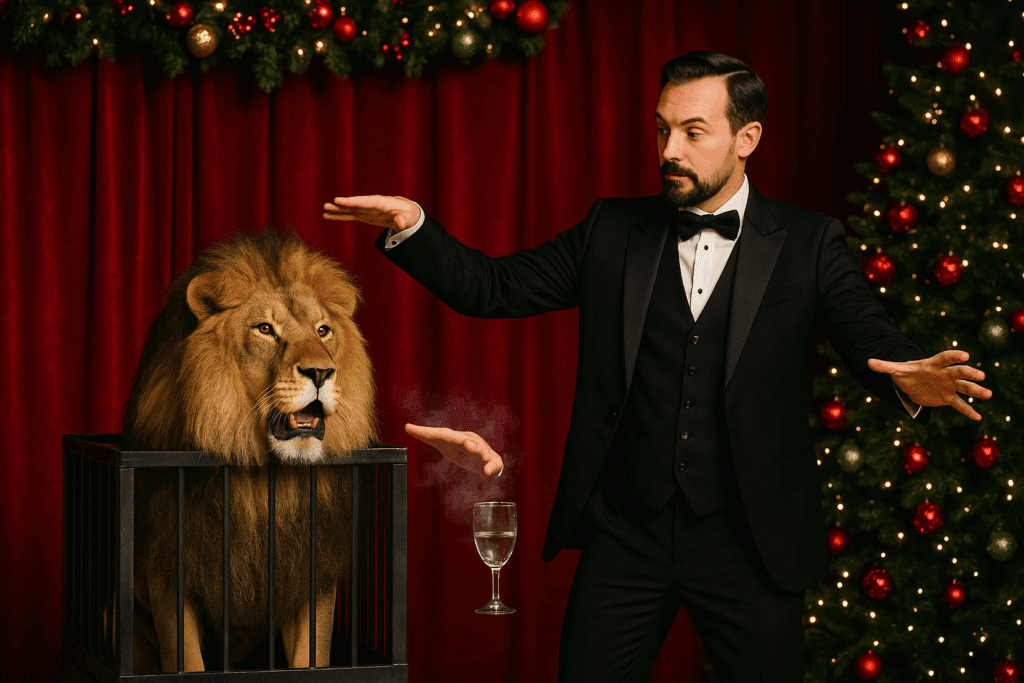 Magician presenting a lion in a cage on a Christmas stage