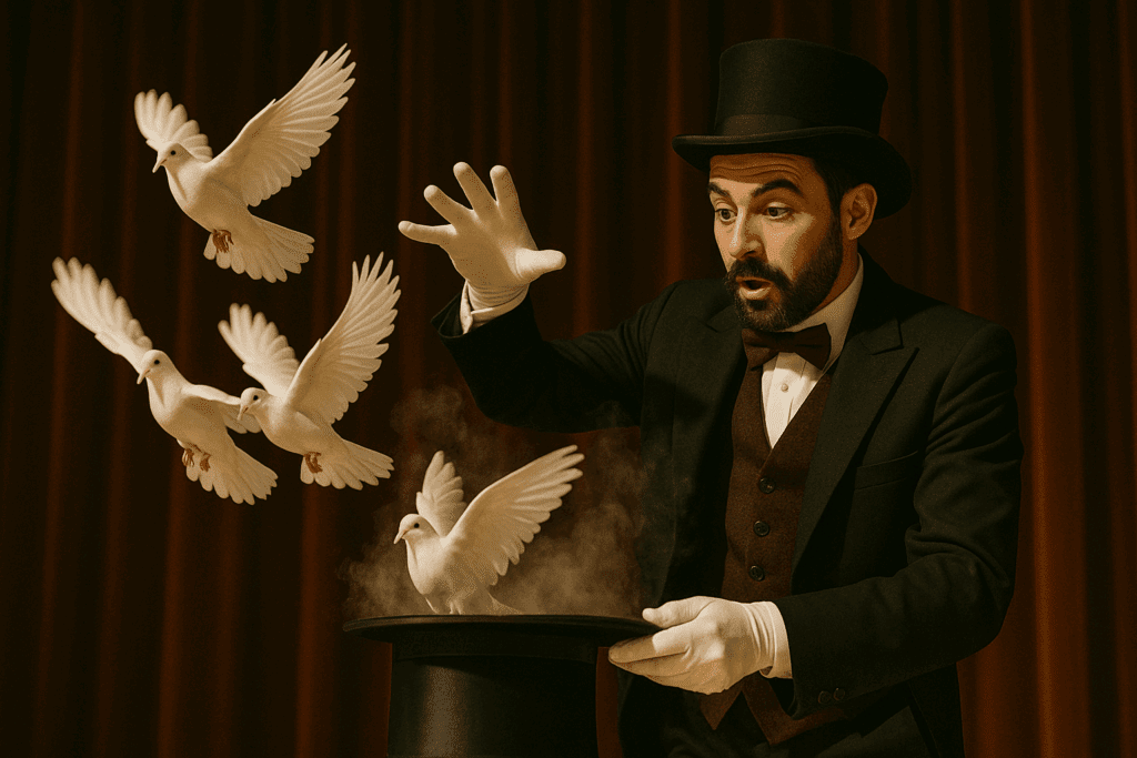 Magician releasing a flock of doves on stage