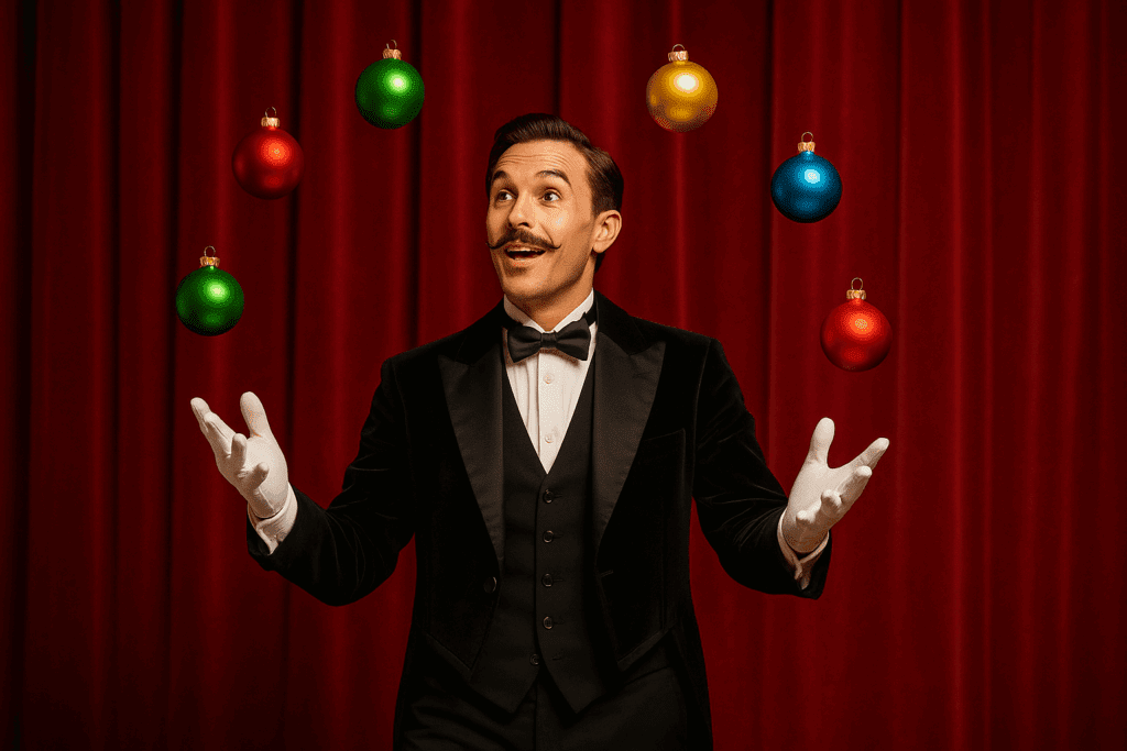 Magician juggling Christmas ornaments