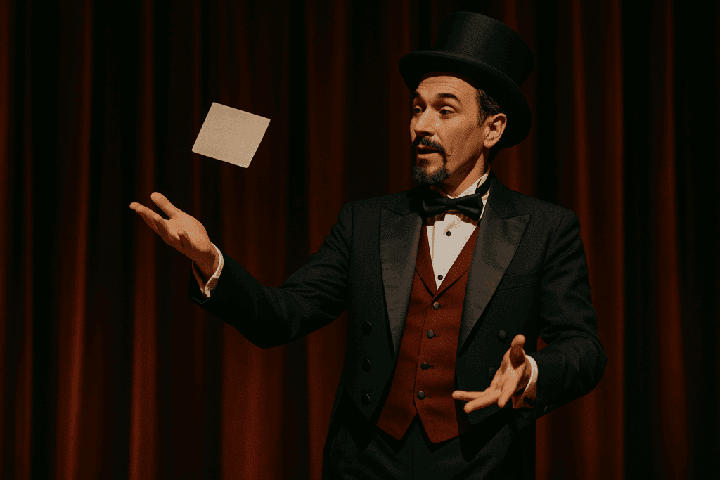 Magician making a card float in midair on stage