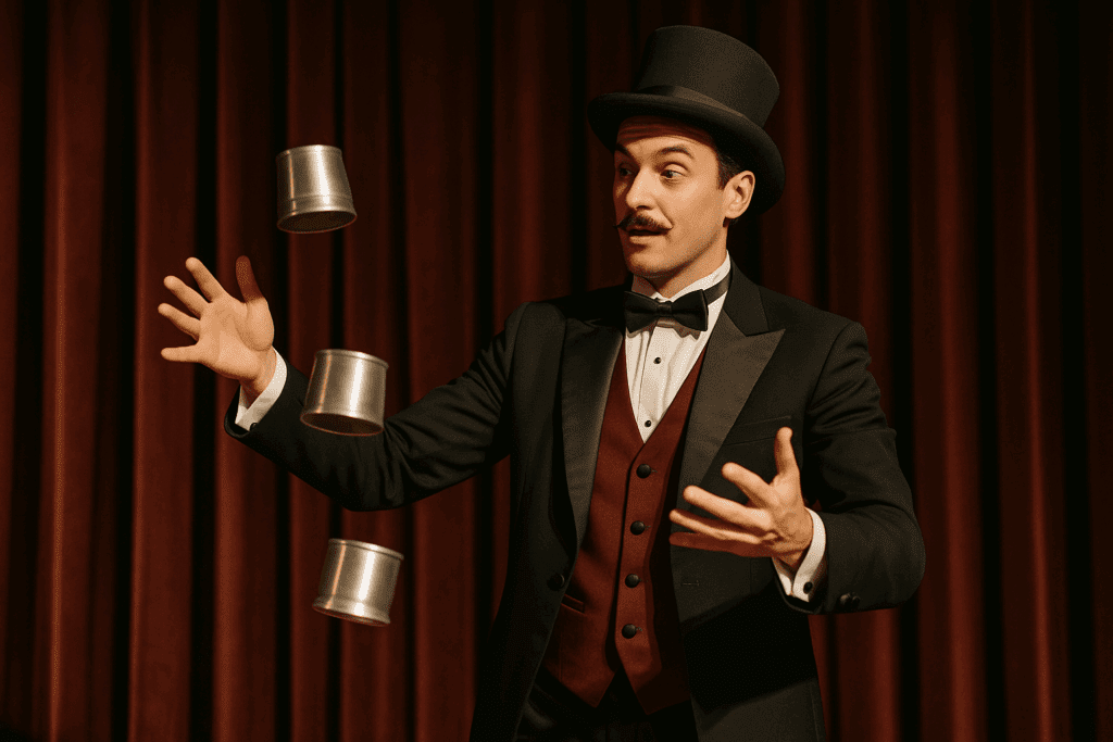 Magician juggling metal cups on stage