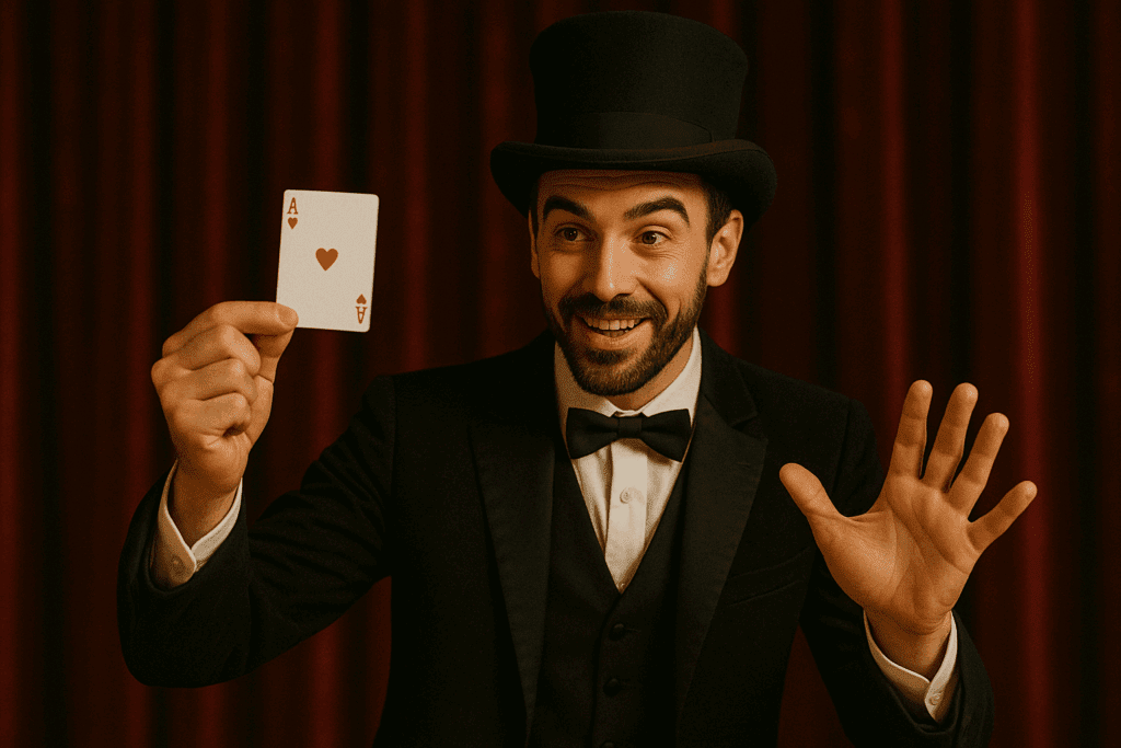 Magician showing a playing card with an open hand