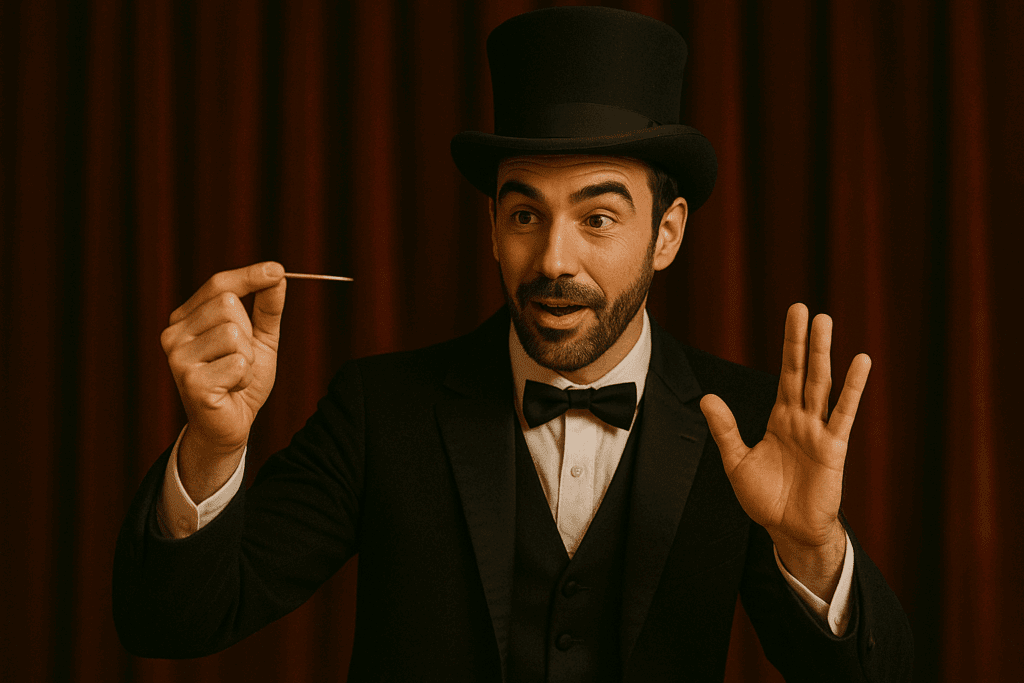 Magician balancing a coin on his fingertip