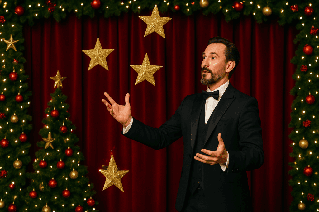 Magician with floating gold stars on a Christmas stage