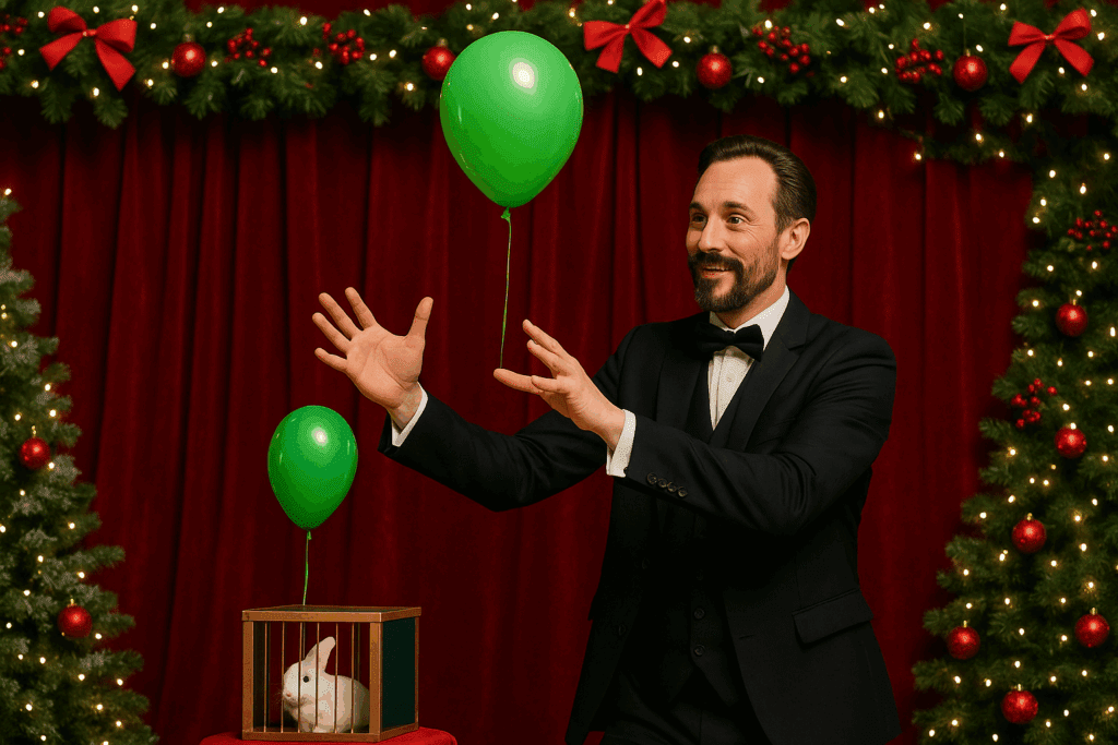 Magician with a green balloon and a rabbit in a box on a Christmas stage