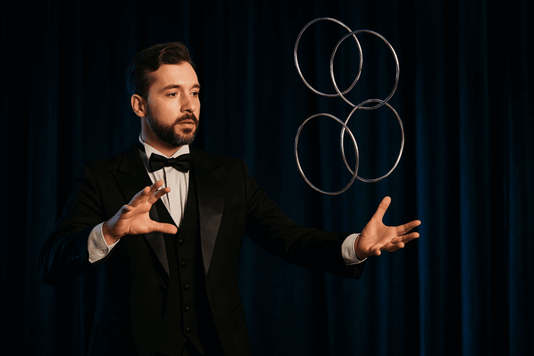 Magician with floating linking rings on a dark stage
