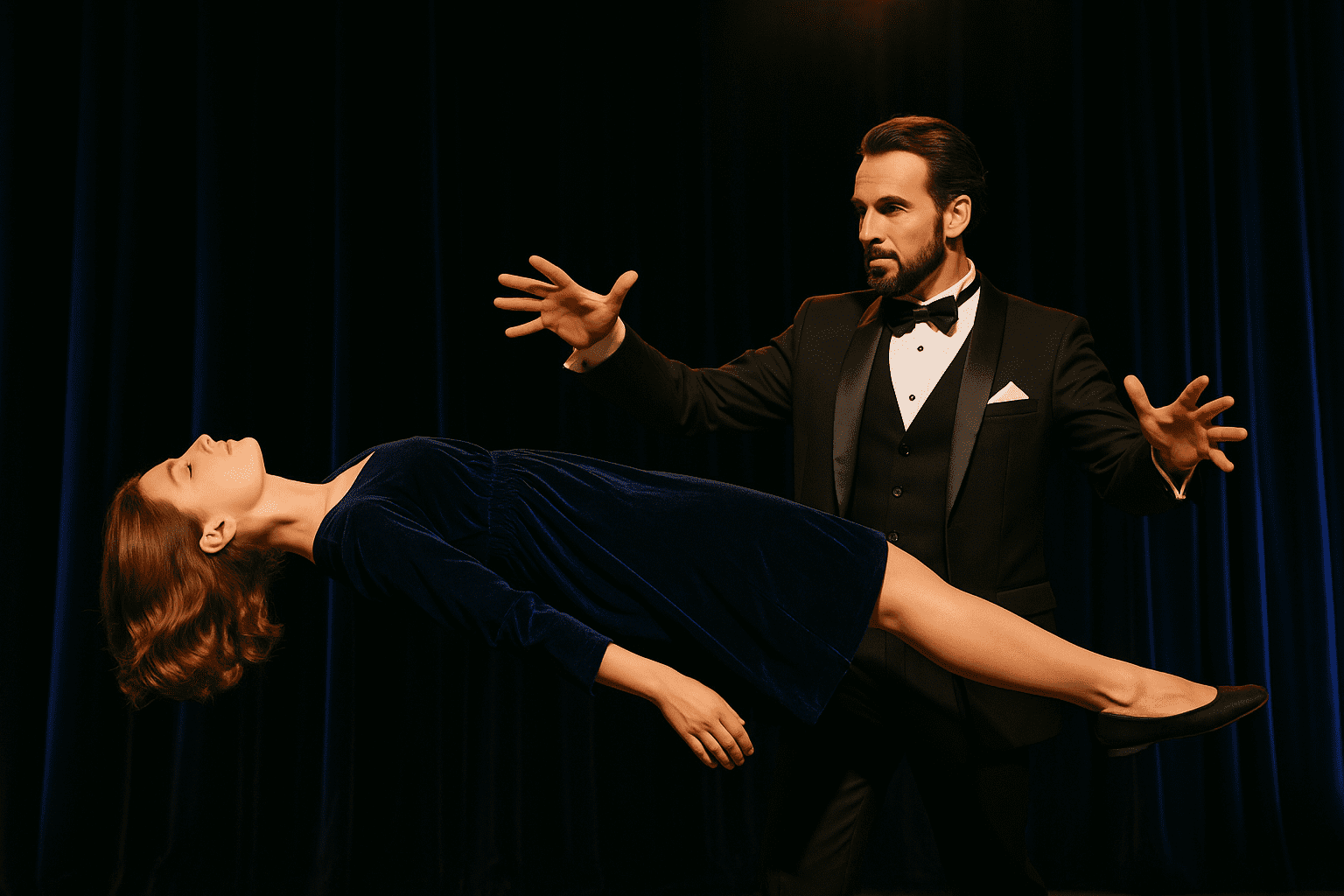 Magician levitating a woman on stage