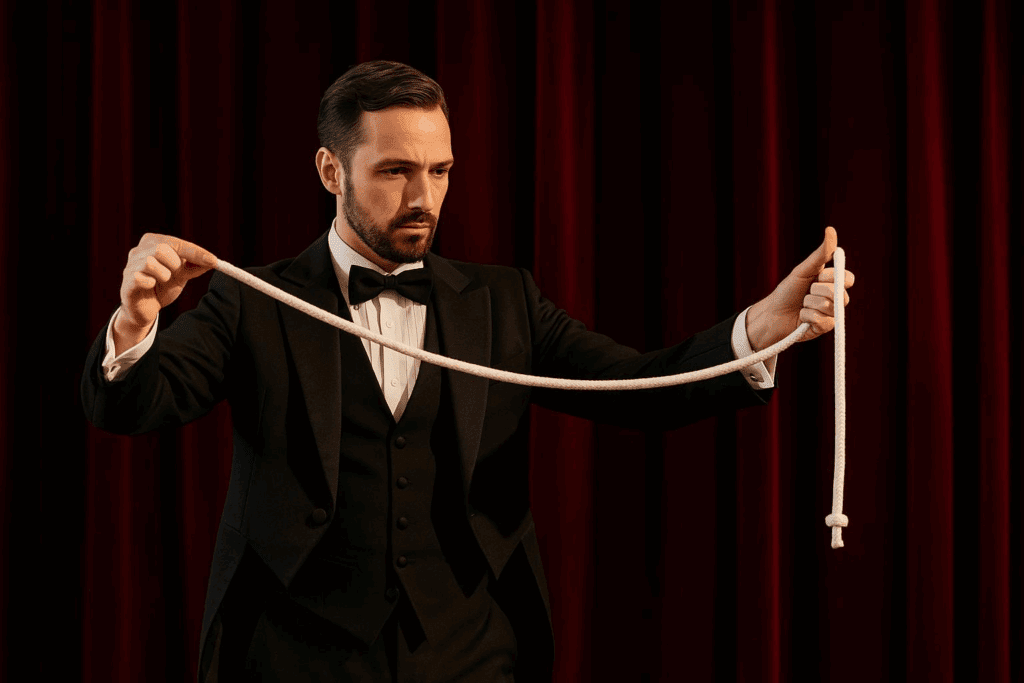 Magician stretching a rope trick on stage