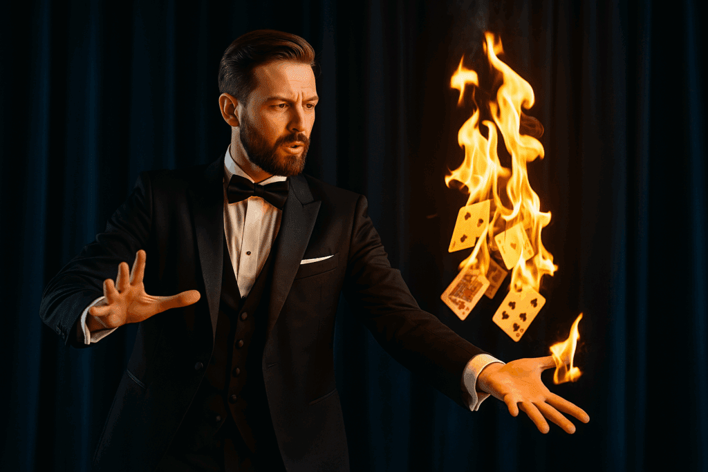 Magician with playing cards bursting into flame