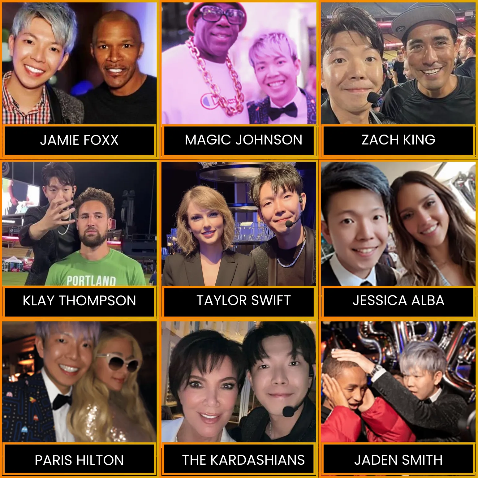Johnny Wu with Jamie Foxx, Magic Johnson, Zach King, Klay Thompson, Jessica Alba, Paris Hilton, the Kardashians and Jaden Smith