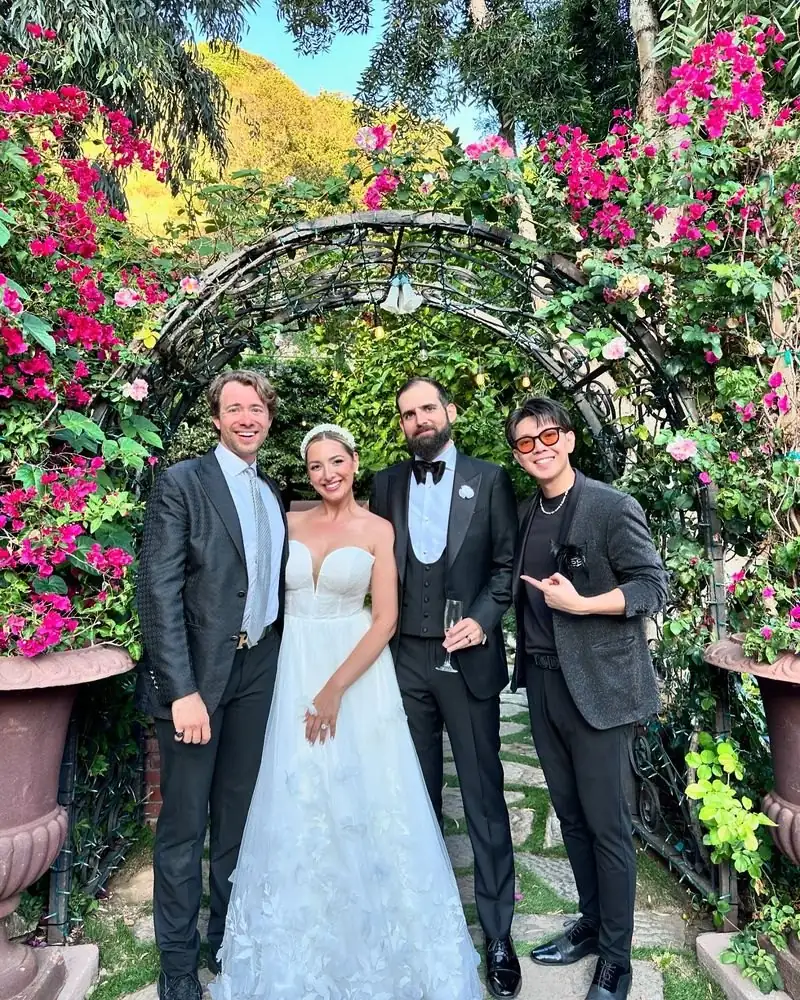 Dylan George and Johnny Wu with the bride and groom at the Houdini Estate