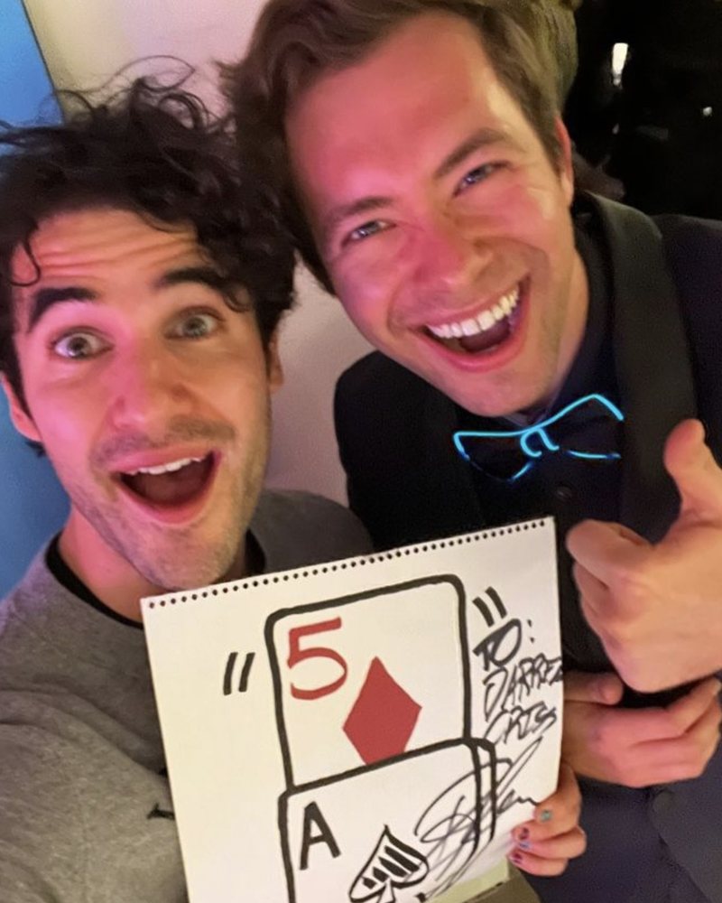 Dylan George with Darren Criss and his signed card prediction