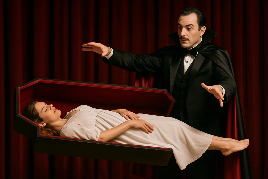 Magician standing over a levitating woman in a coffin illusion