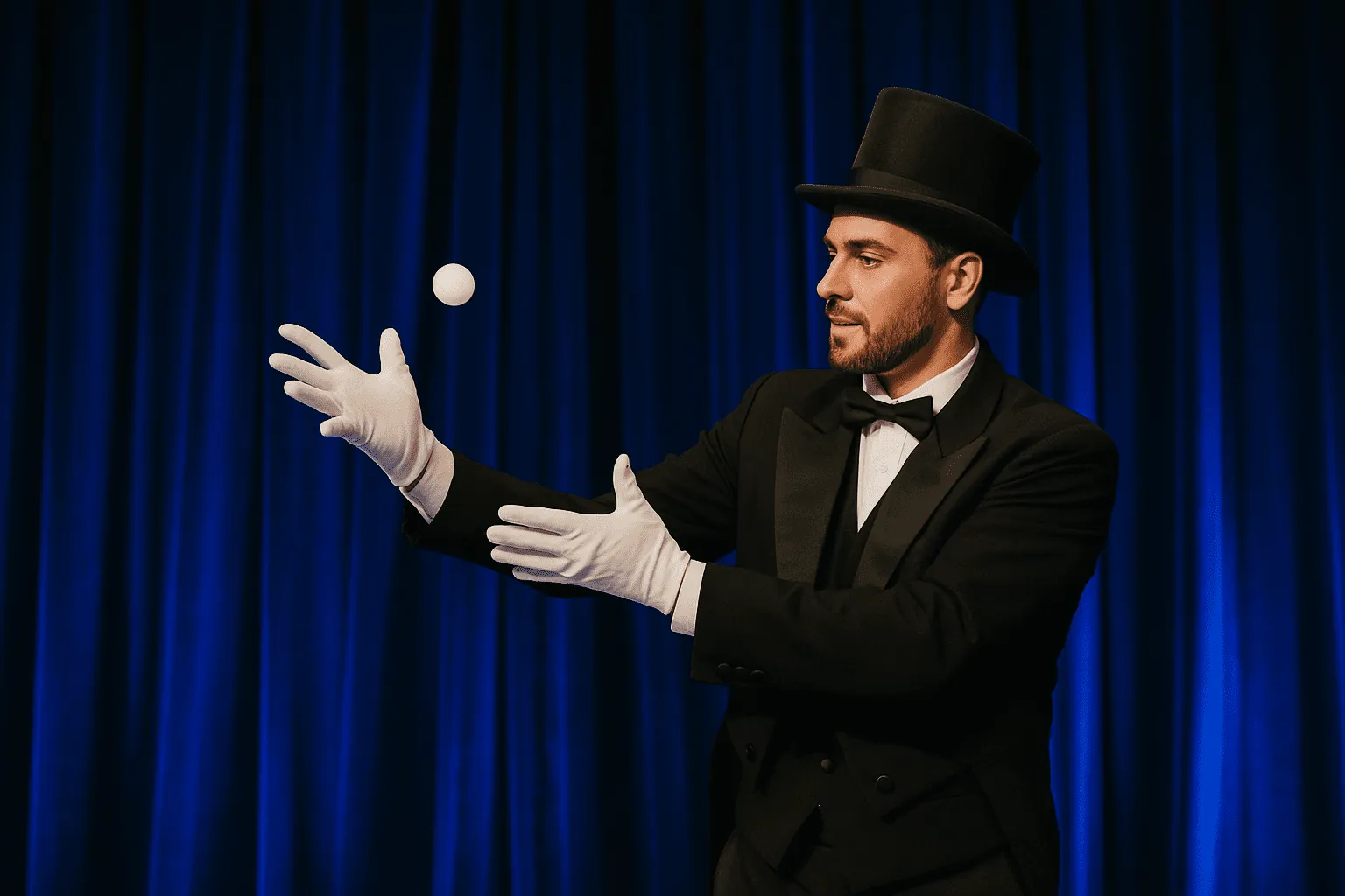 Magician floating a ball on a blue stage
