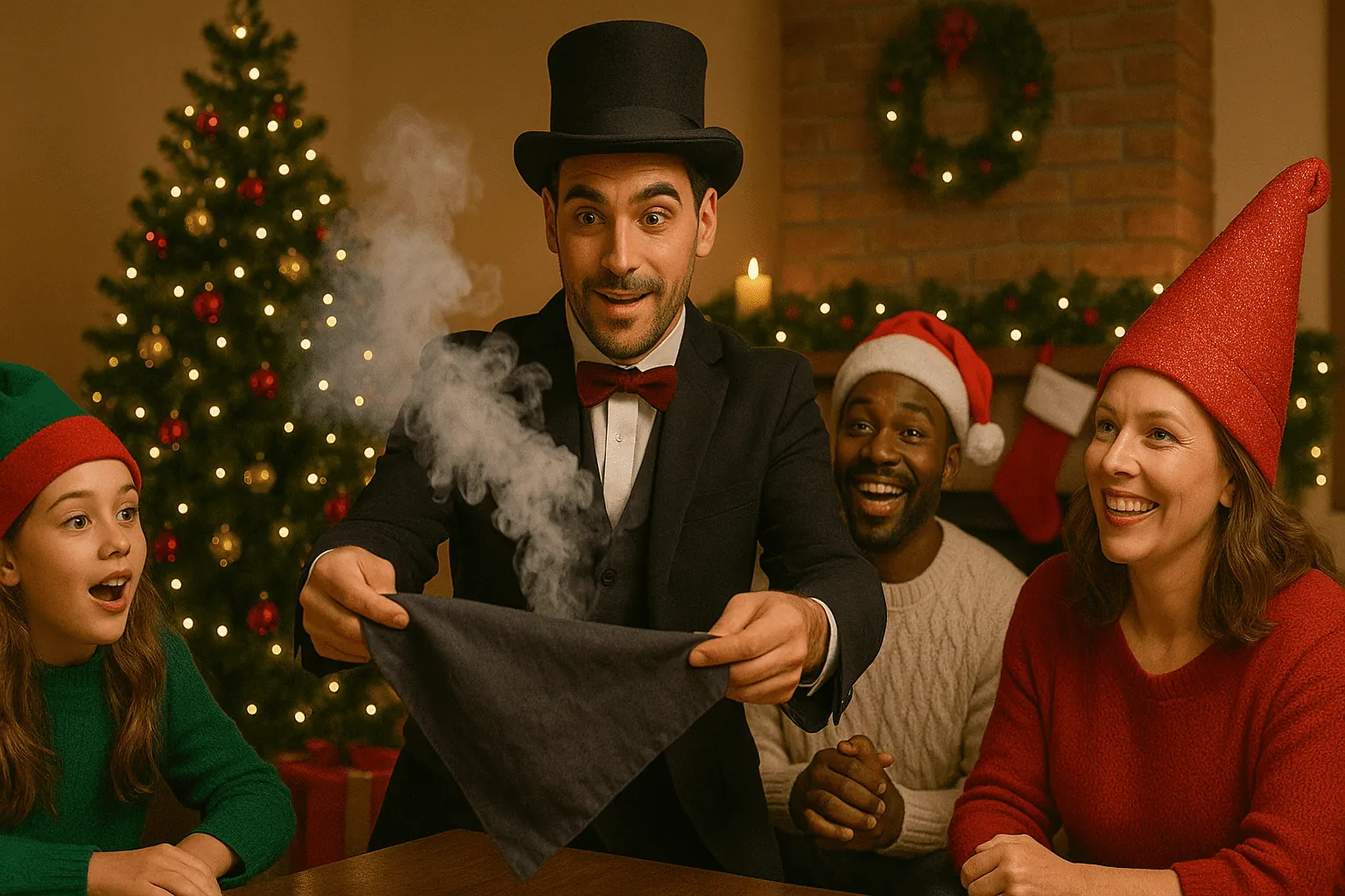 Magician performing a smoke trick for a family at Christmas