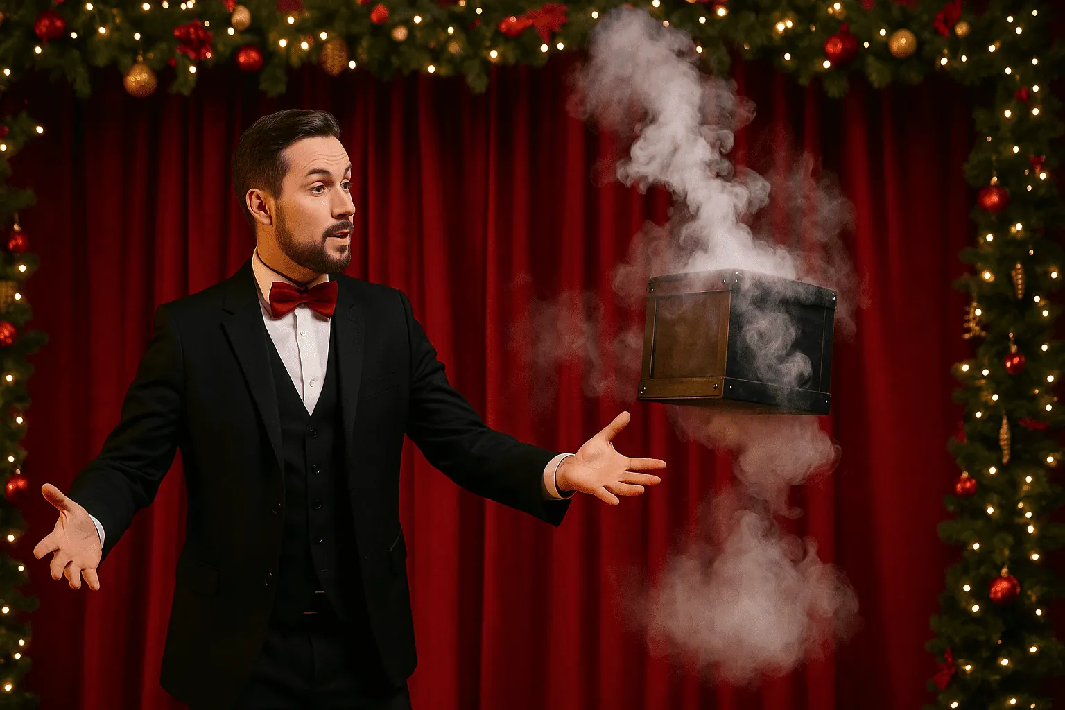 Magician with a smoking box at a Christmas party