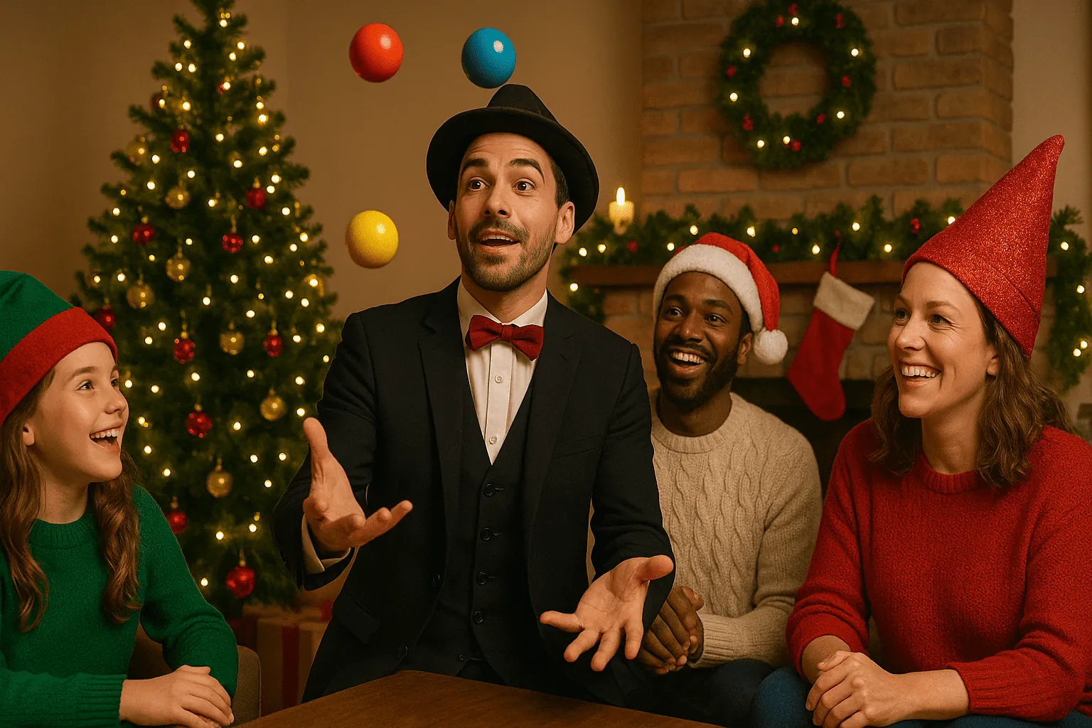 Magician performing a card trick for a family at Christmas