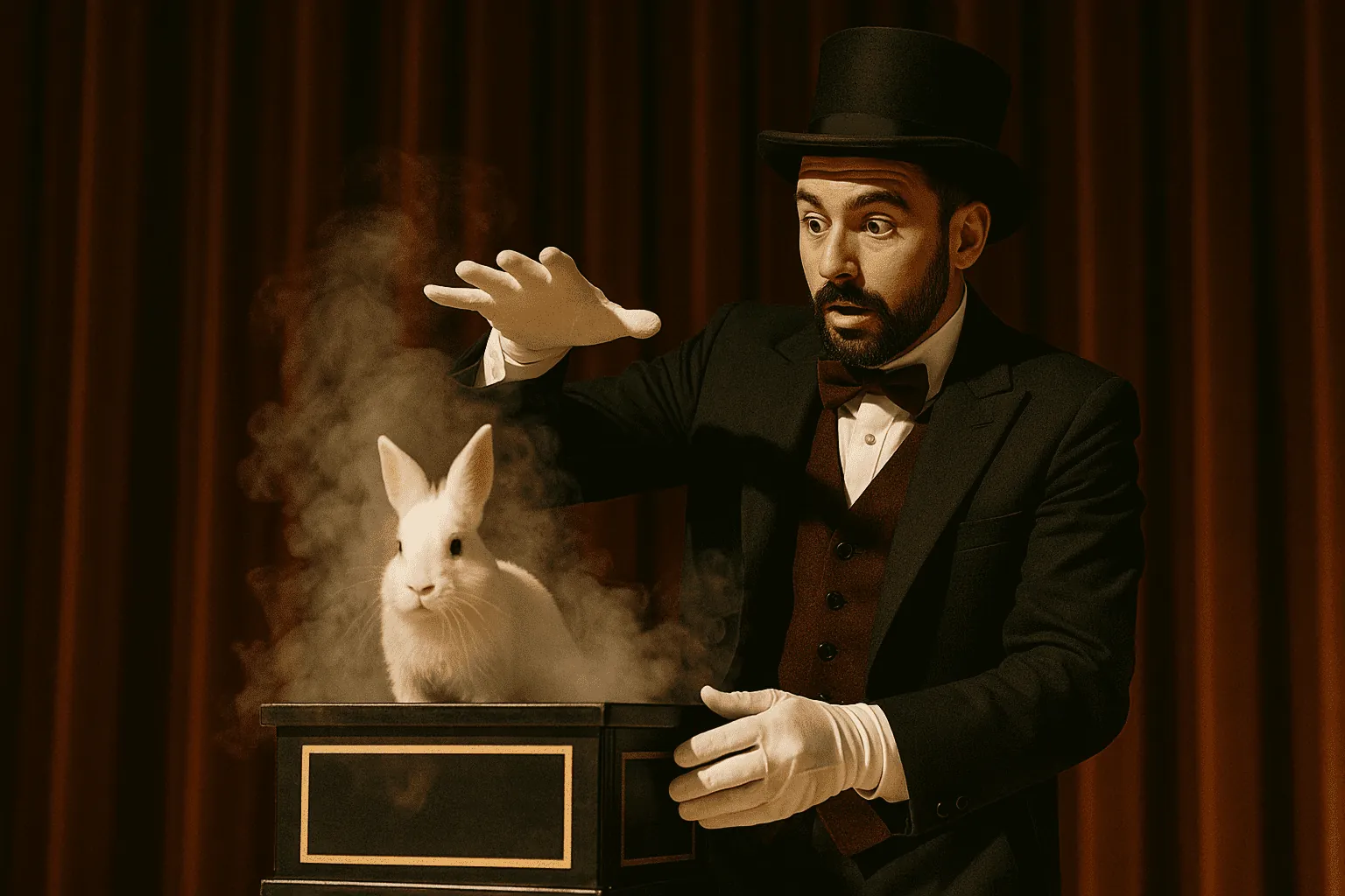 Magician revealing a white rabbit in a box