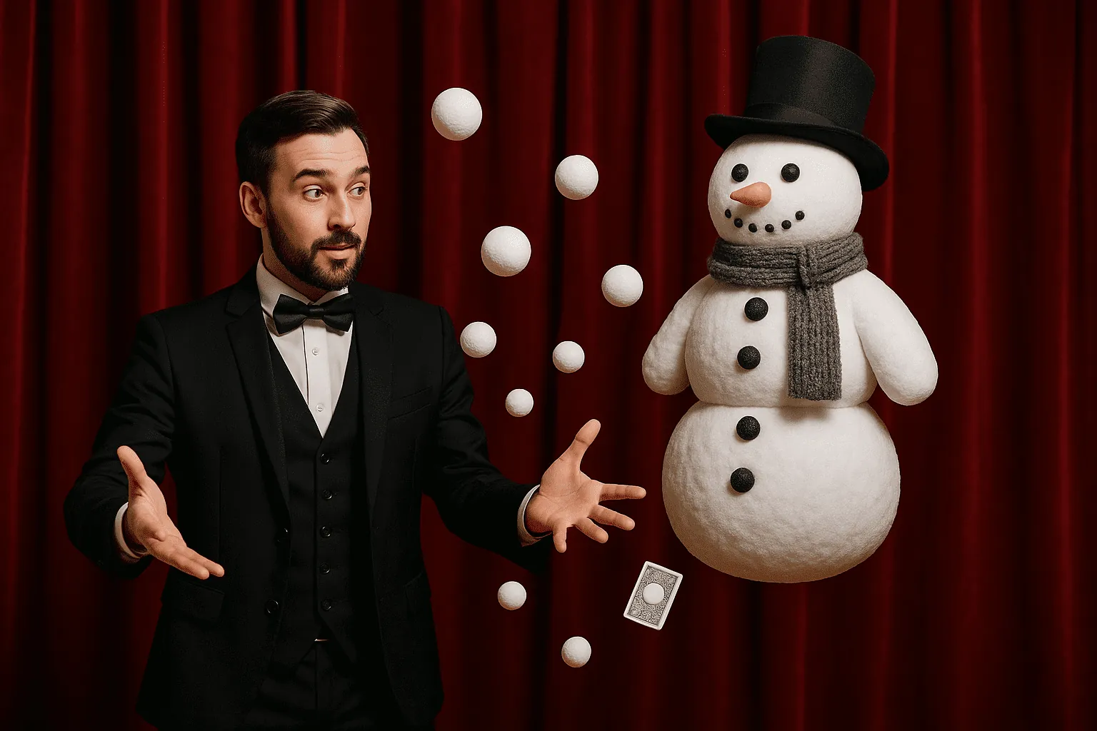 Magician with a floating snowman and snowballs