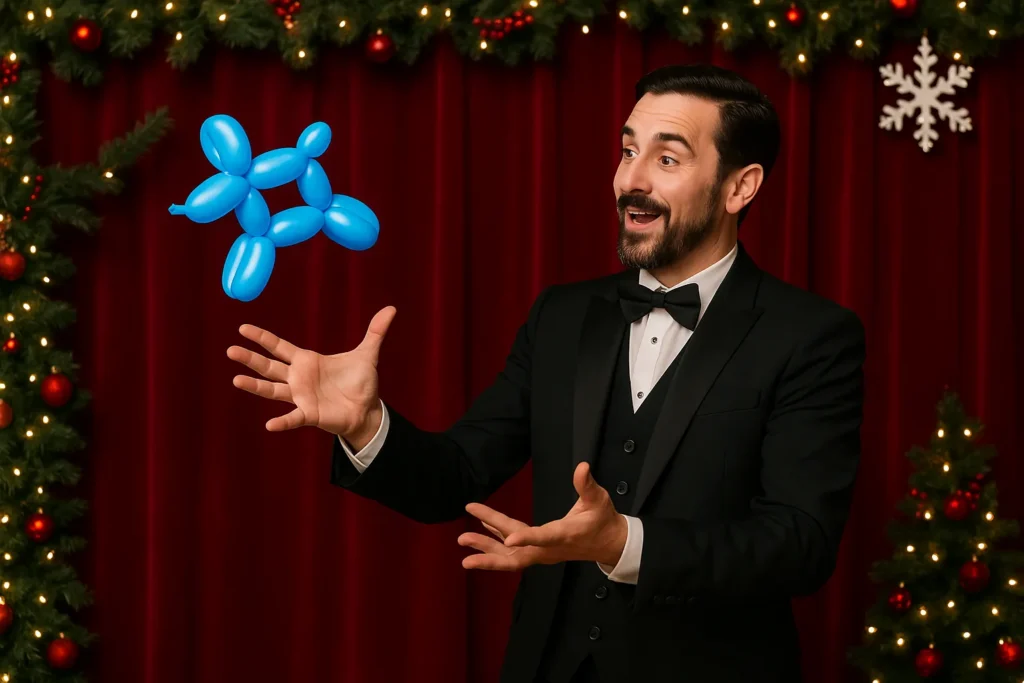 Magician with a floating balloon dog on a Christmas stage
