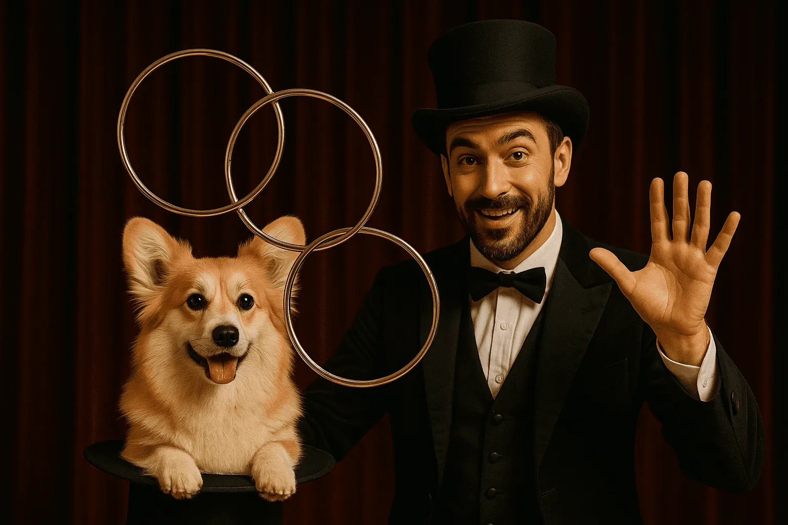 Magician with a corgi and floating linking rings