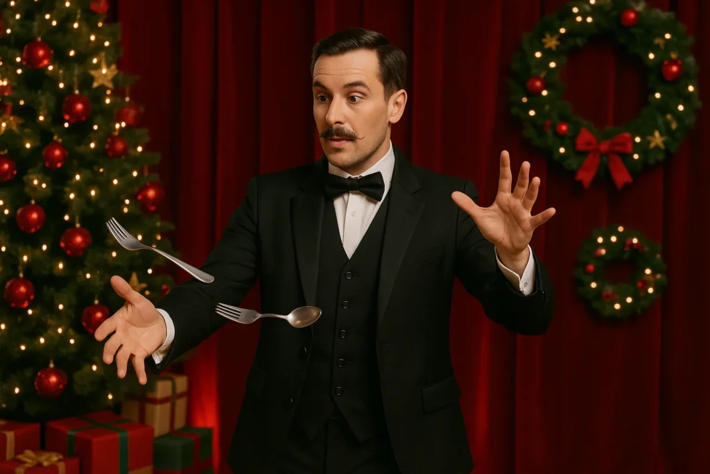 Magician floating a spoon and fork on a Christmas stage