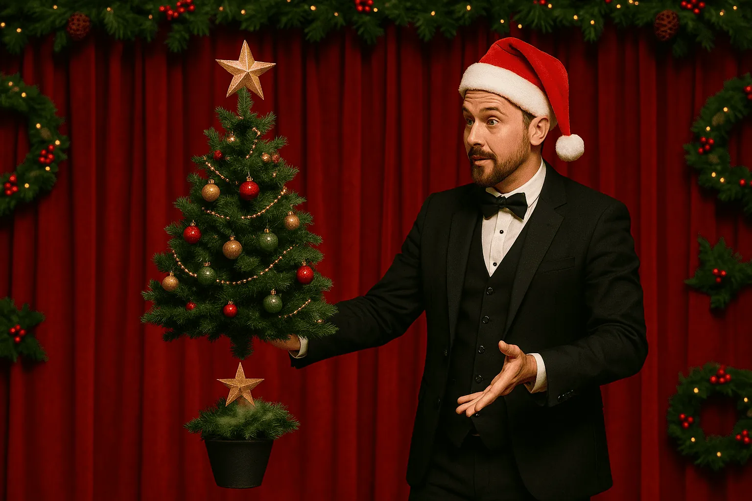Magician in a Santa hat presenting a Christmas tree on stage
