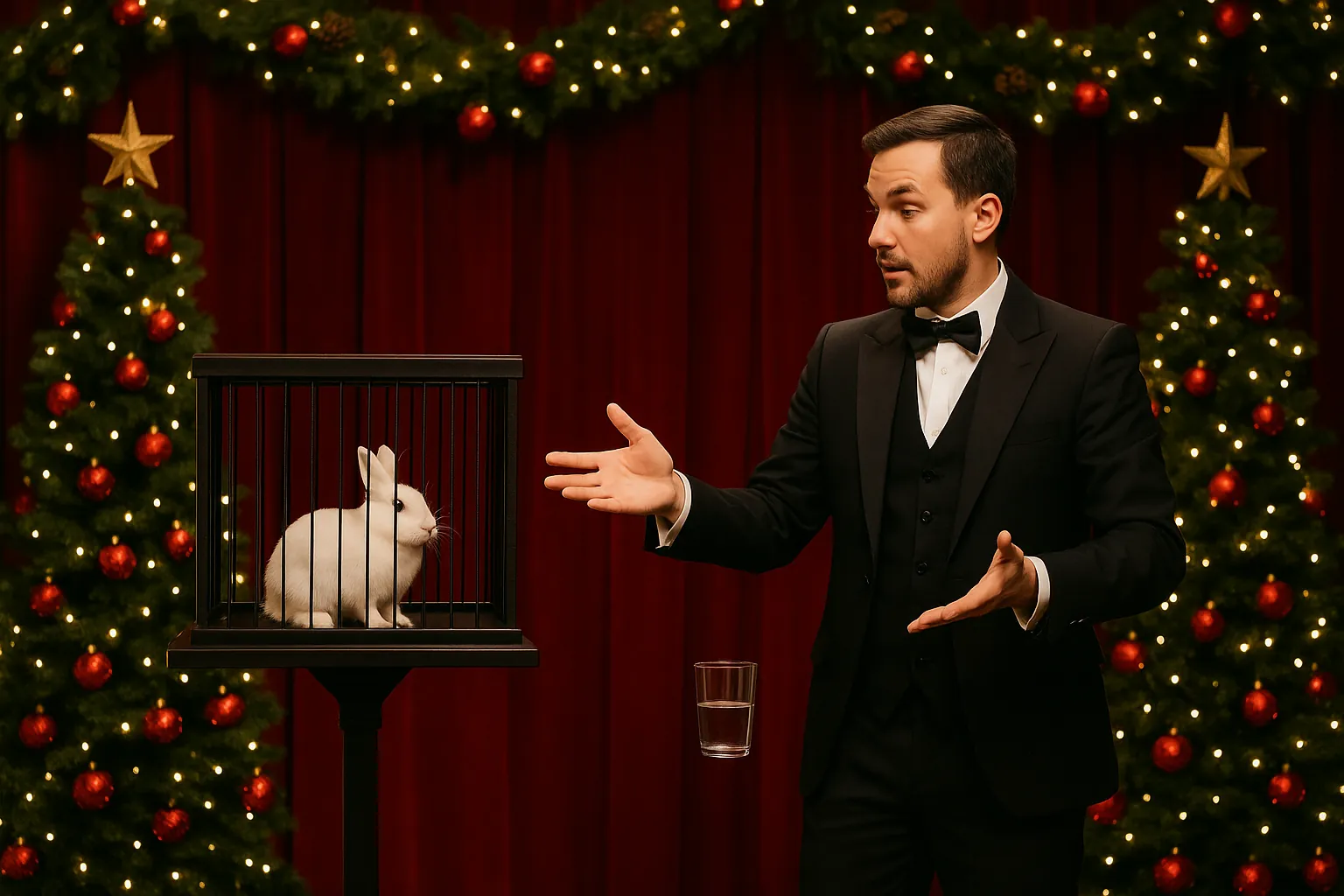 Magician presenting a rabbit in a cage on a Christmas stage