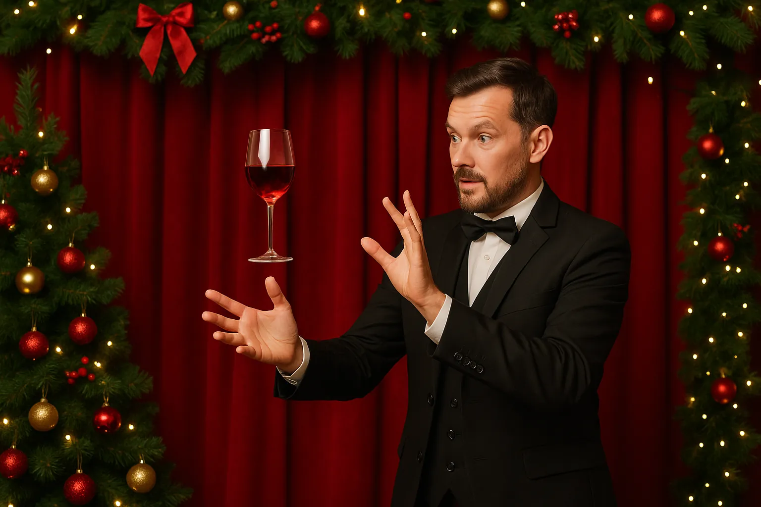Magician floating a glass of wine at a Christmas show