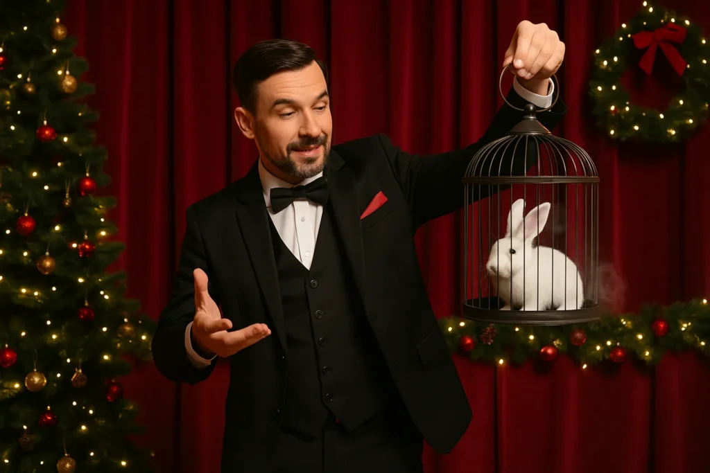 Magician holding a caged rabbit on a Christmas stage