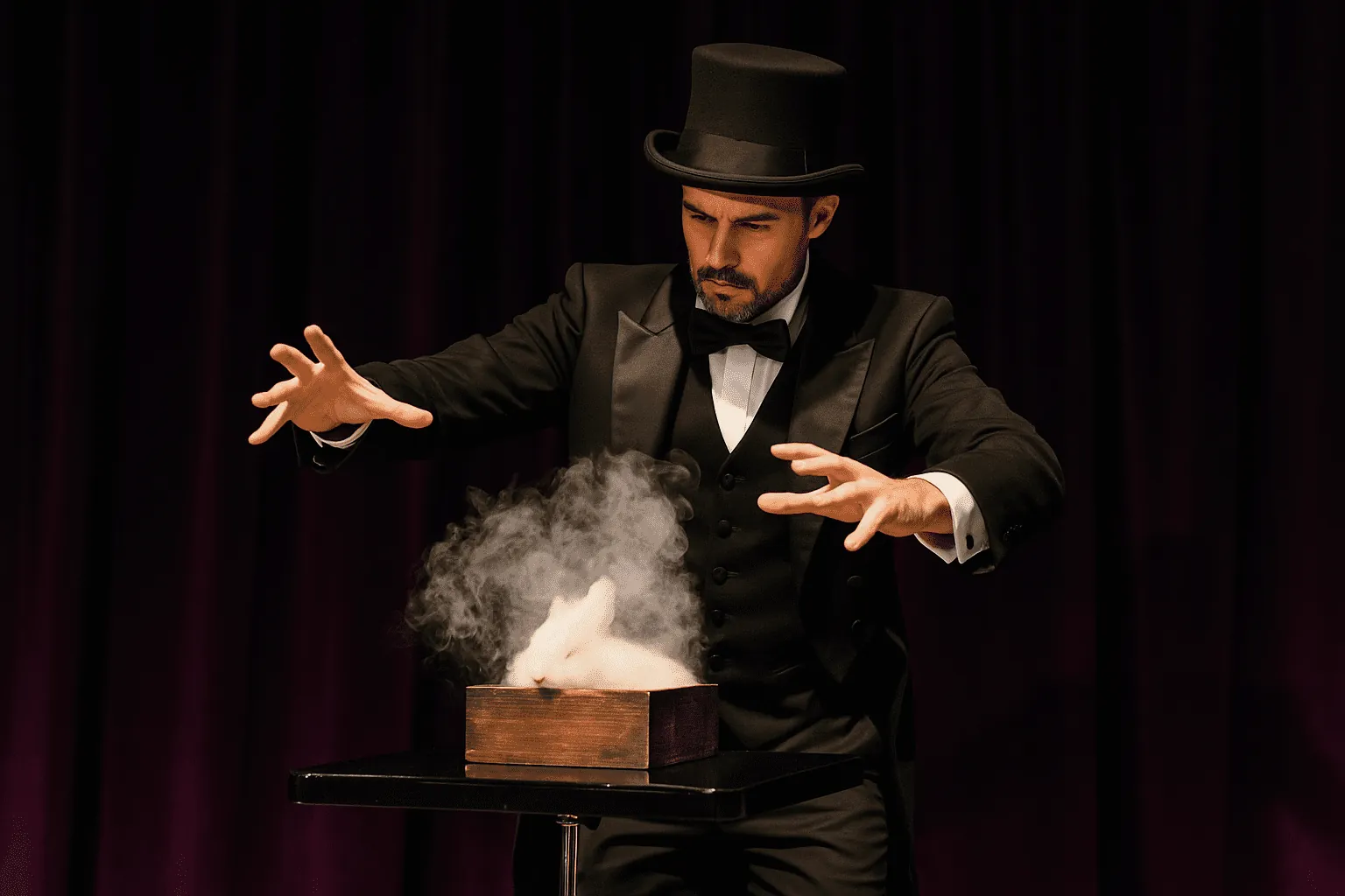 Magician with a smoking box on stage