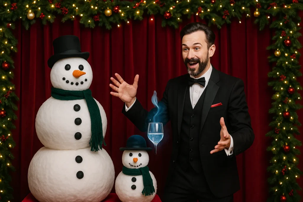 Magician in a top hat holding a caged dove at a Christmas party stage