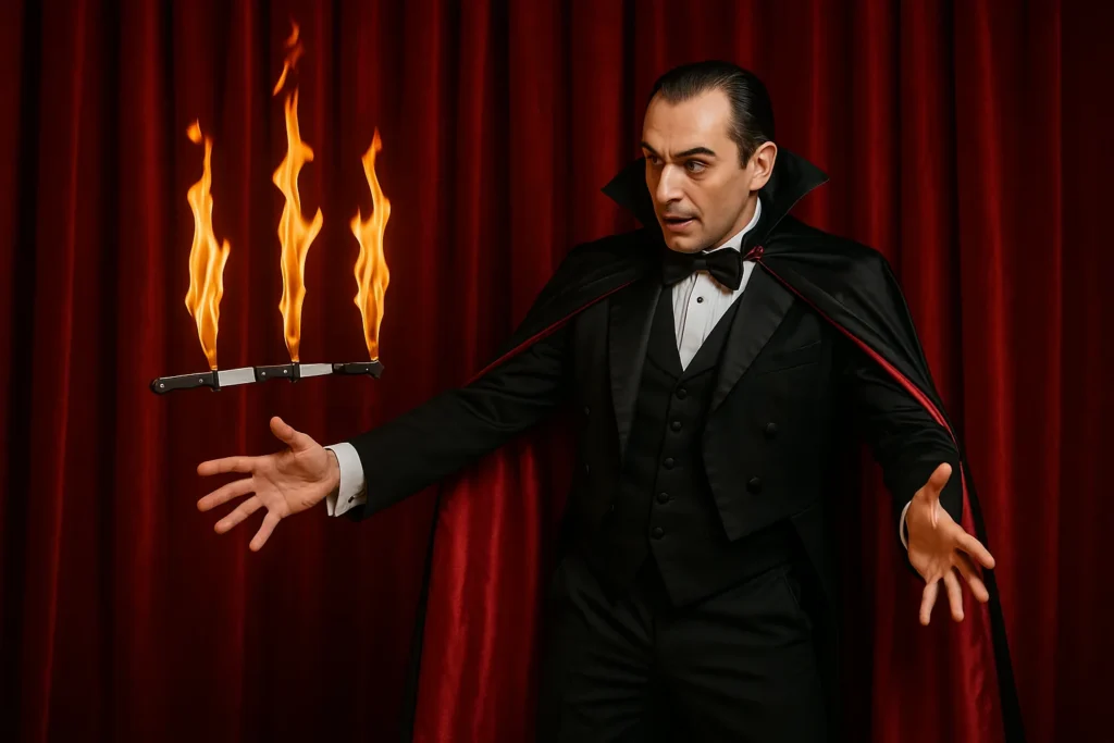Caped magician with flaming torches on stage