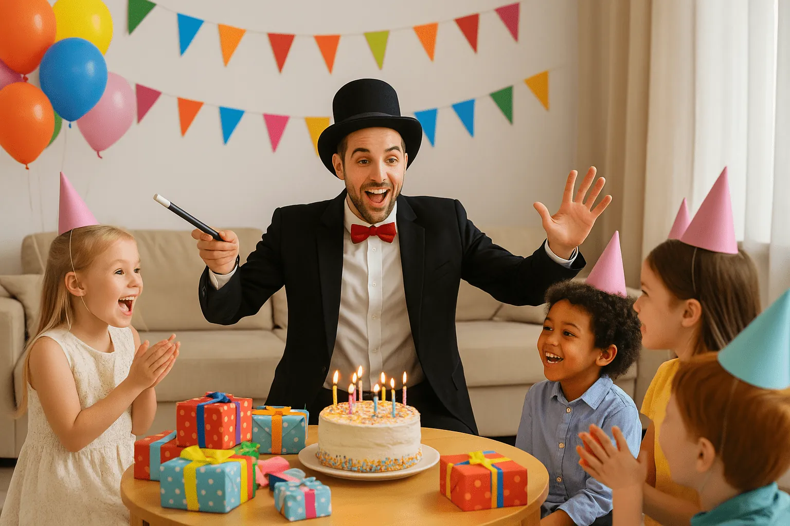 Magician performing at a children birthday party with cake