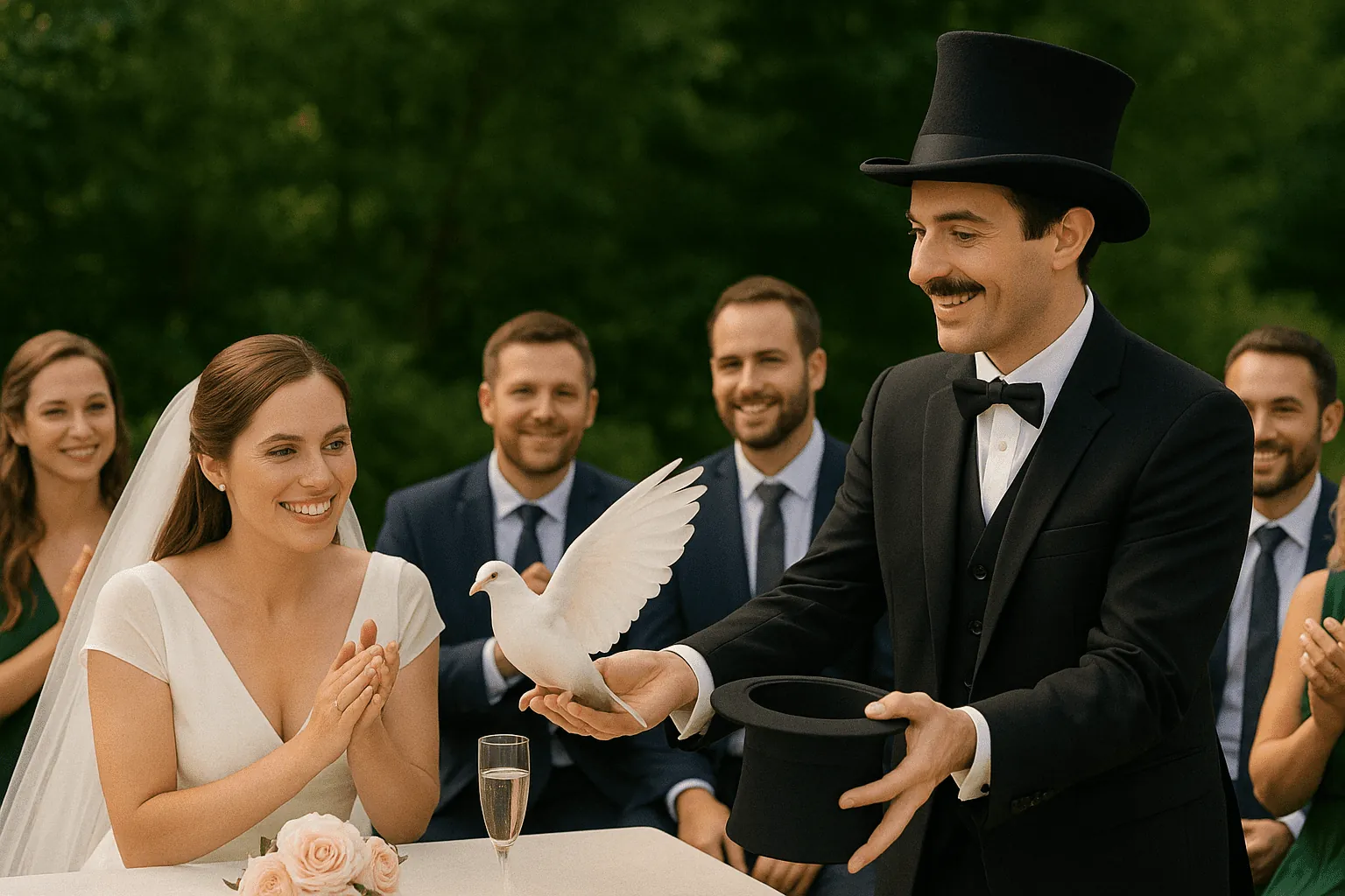 Magician producing a dove for a bride and wedding guests