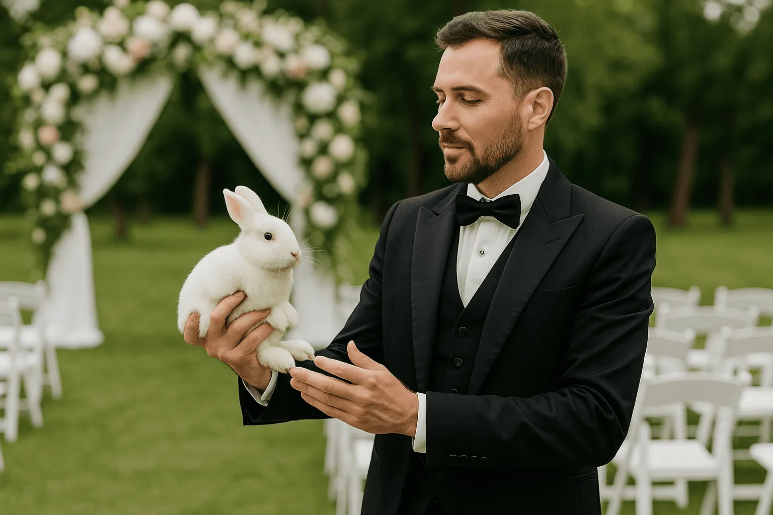 Magician holding a white rabbit at an outdoor wedding