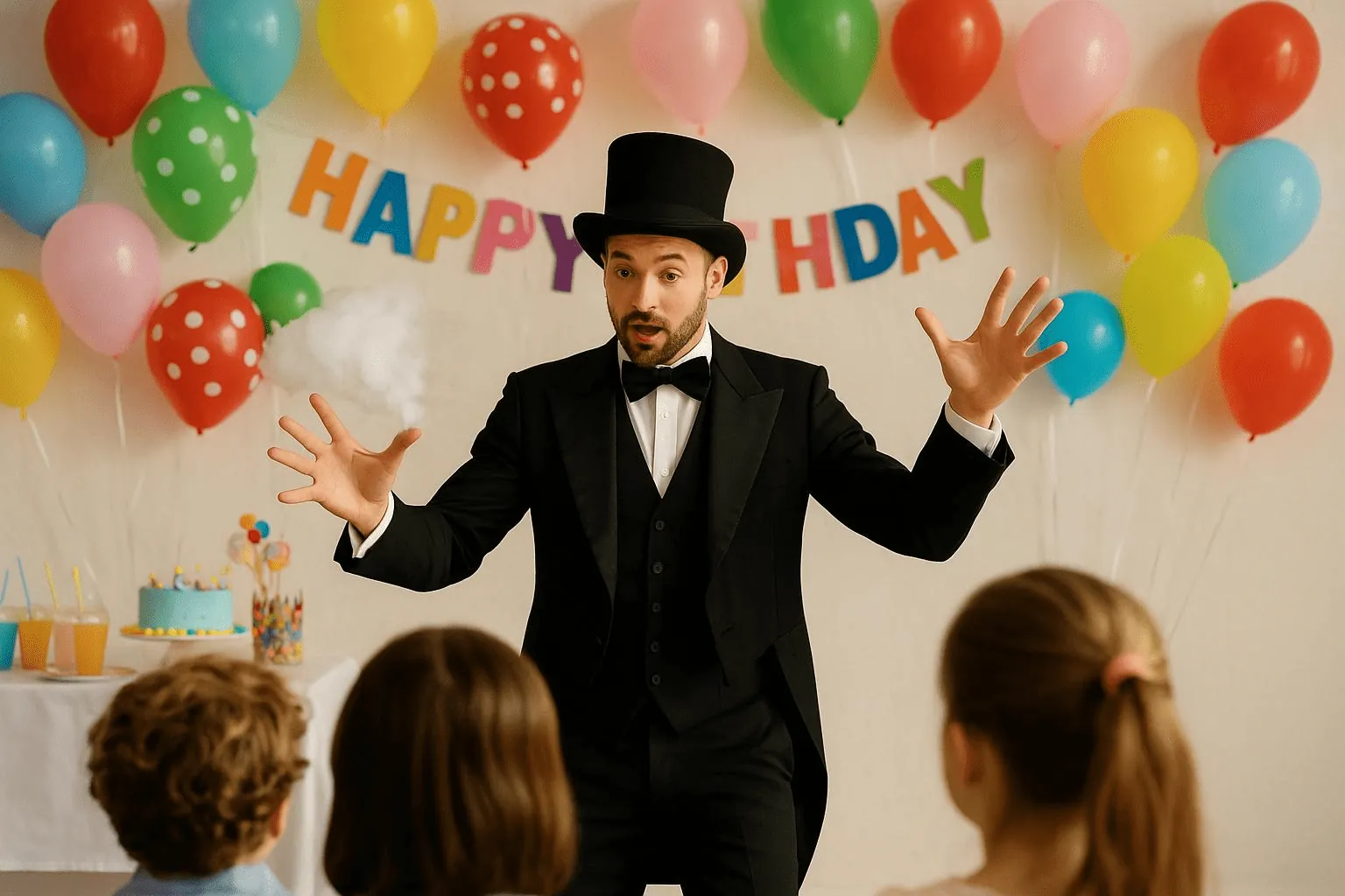 Magician performing for children at a birthday party