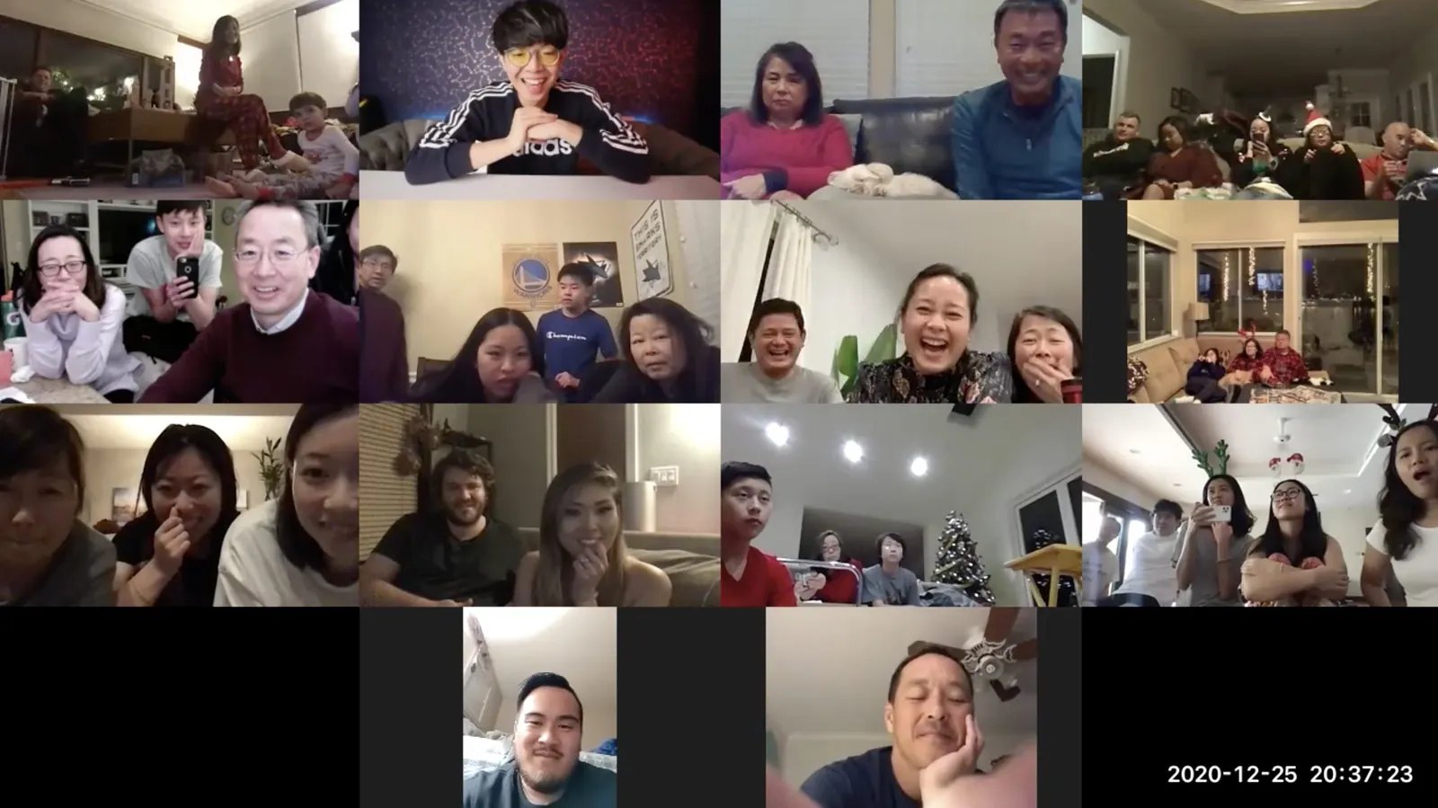 A Zoom gallery of families reacting during Johnny Wu's virtual holiday magic show